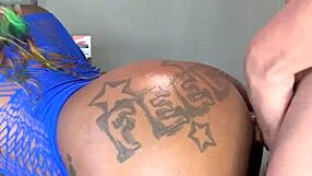 an ebony girl bends over, gagging on a big black cock until cumshot.