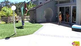 A day by the pool got these skinny brunette bitches kissing and playing.