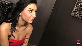 Brunette with tattoos Aimee Black swallows cum in gloryhole