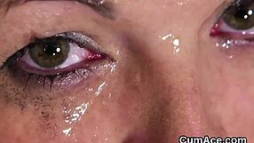 kinky bombshell swallows jizz in blowbang facial bukkake