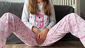 stepsister with small tits fucks in pajamas fingers pussy squirts cum close up