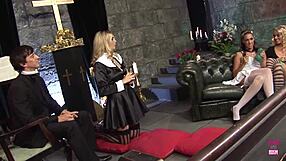 Super Hot Blonde and Brunette Spark Wild Church Orgy with Kissing