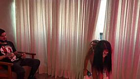 Shaved brunette receives oral before cuckold arrives