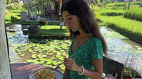 Hey, cumwalk in public cafe with sperm on face eating pasta