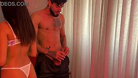 Shaved brunette receives oral before cuckold arrives