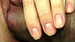 she plays with his cock, moaning loud while shaved pussy gets worked