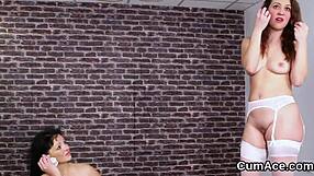 kinky bombshell swallows jizz in blowbang facial bukkake