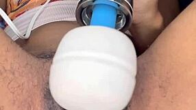 horny slut edges her ebony hairy pussy with tongue piercing close up!