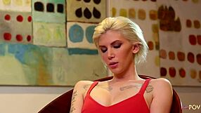 Short-haired blond, loaded with ink, masters intimate skill