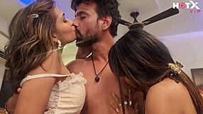 In a family setting, brother enjoys rough threesome with two hot step sisters, moaning in hindi.