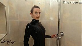 latex shower teasing by deine herrin in latex body and nylon stockings