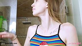 tall skinny model indulges in a sensual bath, contrasting her photoshoot poise