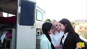 Two brunettes lick blonde's pussy to orgasm!