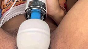 horny slut edges her ebony hairy pussy with tongue piercing close up!