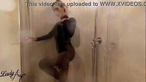 latex shower teasing by deine herrin in latex body and nylon stockings