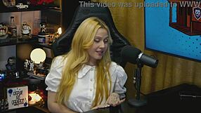 Blonde on podcast table with small panties