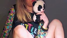 bonneyuwu in pajamas uses dildo and stuffed animal for solo play