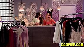 tiny asian customer drilled by two hung trannies in trial room