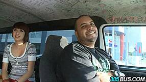 A short redhead teen gets fucked in a threesome on a bus.