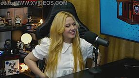 Blonde on podcast table with small panties