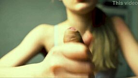 beauty in lingerie jerks boyfriend off close-up, moaning to peak pleasure