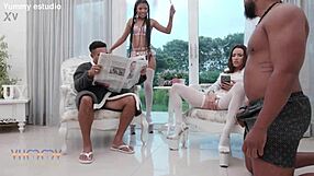 Naughty housewife enjoys activities with partners in the scene.