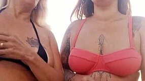 chatting dirty on beach with naughty friend before deflowering newbie