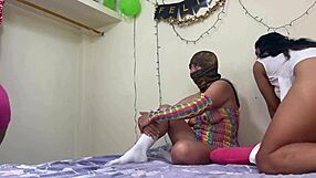 Busty stepmom fucks two perverted stepdaughters with dildo in homemade lesbian threesome.