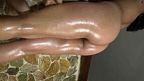 Detailed View of Xattlalust's Oiled Butt and Legs in Red and Dark Blue Panties