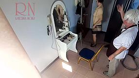Whoa, hidden cam catches nudist barbershop lady undressing!