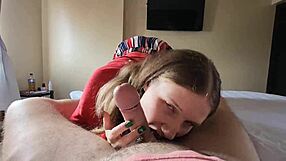 I watch this sexy blonde suck a monster cock in the hotel mirror, her face covered in cum