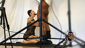 Behind The Scenes, Ella Gives Sloppy Blowjob To Monster Cock In Interracial Scene