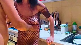 The guy finished cleaning and had sex with the kitchen, right on the table