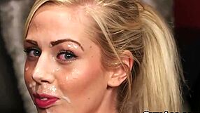 Bombshell receives facial and swallows cream