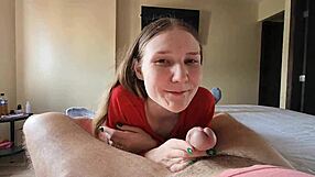 I watch this sexy blonde suck a monster cock in the hotel mirror, her face covered in cum