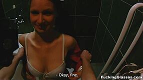 I fucked mazy teen in public restroom with glasses on