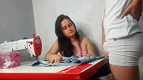 Costureira watches client's erection during fitting