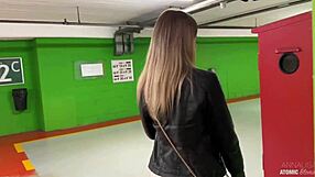 Blonde slut swallows it all in risky public blowjob