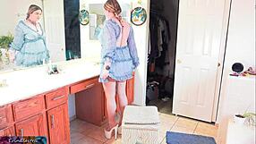 helping stepmom dress in the bathroom, i get to cum inside her curvy body