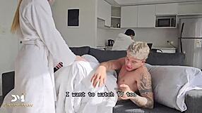 Blonde stepsiblings secretly fuck stepdad on couch while watching TV.