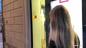 Blonde slut swallows it all in risky public blowjob