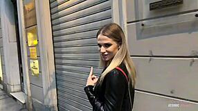 Blonde slut swallows it all in risky public blowjob