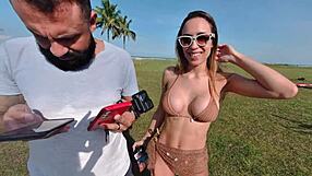 Priscila Belini, the skinny latina teen, strips naked and masturbates on a paramotor in public.