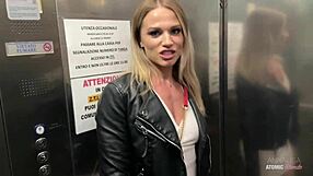Blonde slut swallows it all in risky public blowjob