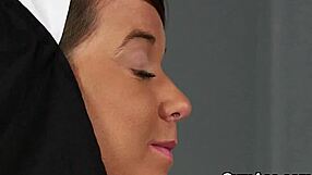 Peculiar Peach receives intense cumshot on her face, gulping every drop.