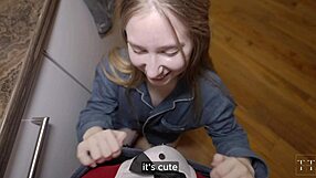 Boyfriend helps with cappuccino cum in pretty mouth