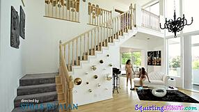 Strapon fucked sappho babe squirting hard on the bed