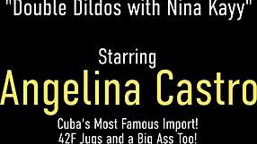 Angelina Castro and Nina Kayy share double dildo fun in lesbian orgasm