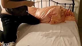 french amateur in black leather pants, satin red panties, stockings, heels, doggy style, blowjob, rimming