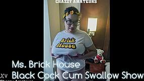 Ms. Brick House showcases her big tits while swallowing cum from a black cock